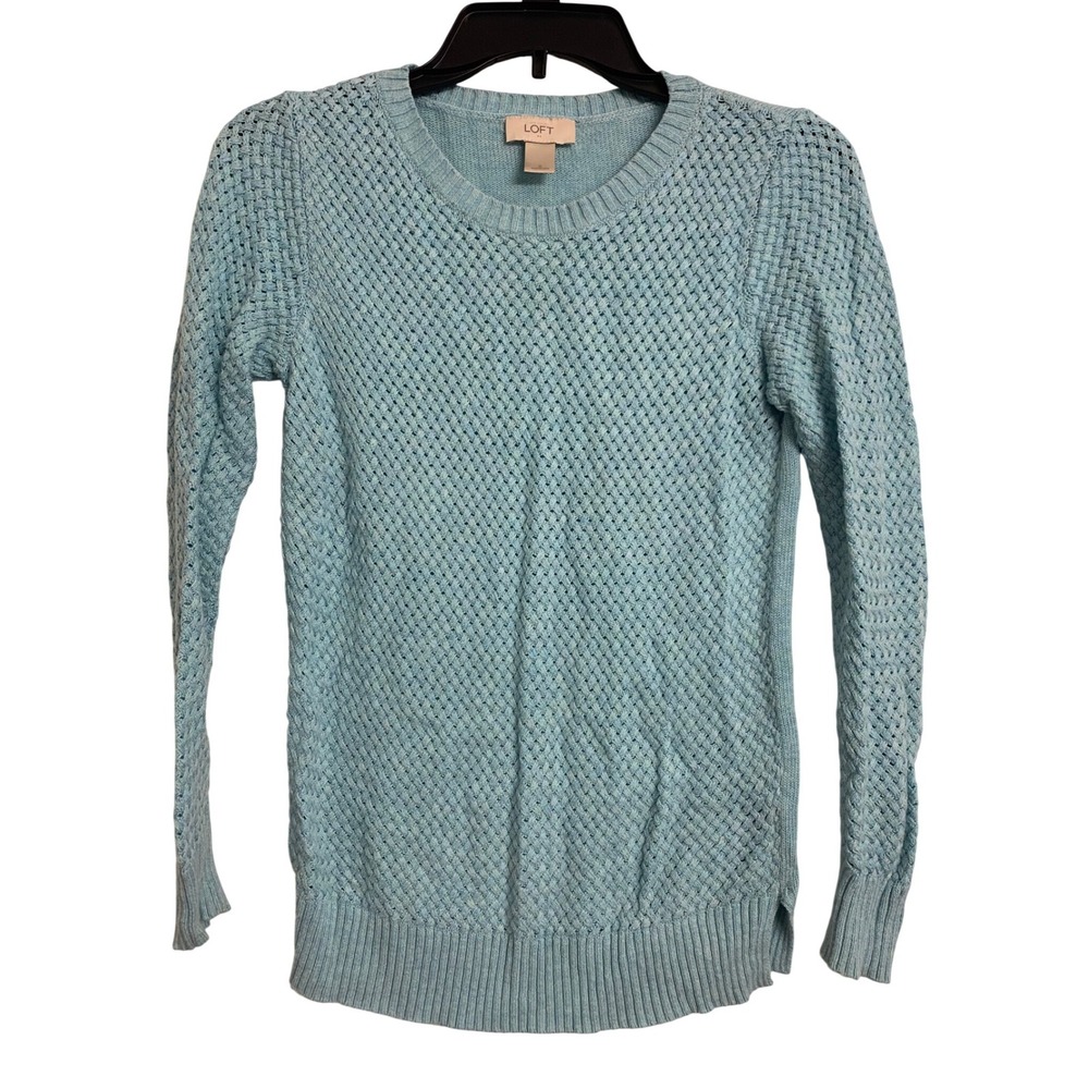 Loft Light Blue Basketweave Mixed Knit Crew Neck Sweater Size S